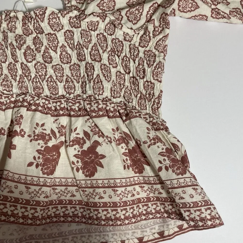 SIM & SAM Linen Blend Crop Top L Mauve Clay Boho Print Long Sleeve Peasant NEW